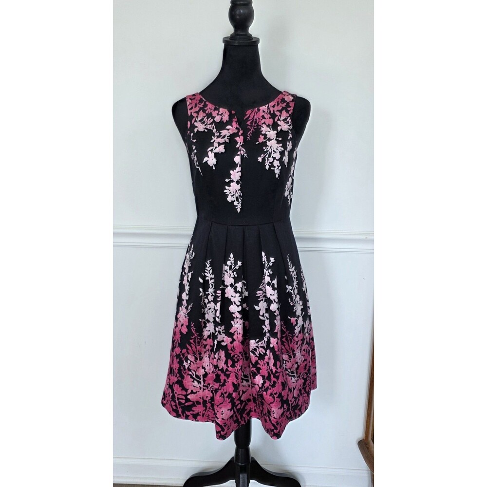 White House Black Market 0 Black Pink Floral Cotton Fit Flare Dress Pockets